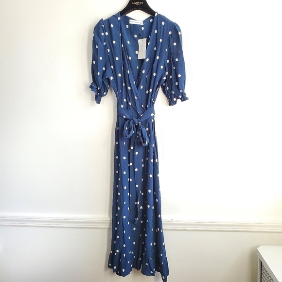Faithfull The Brand Abbey Wrap Ronja Polka Dot Vintage Blue Dress NWT Sz 6 US/M - Picture 6 of 13